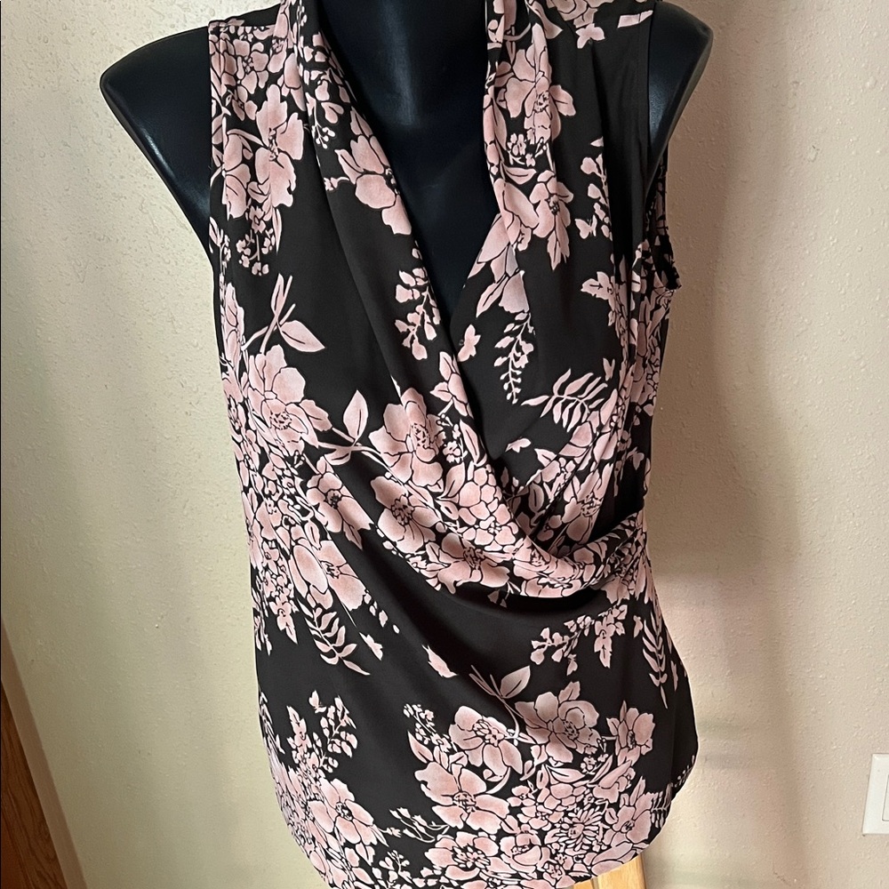 CAbi Black and Pink Floral Sleeveless Top